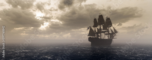 Pirate ship sailing on the ocean. Stormy clouds
