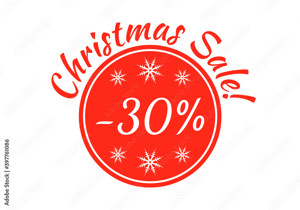 Christmas sale badge, tag or sticker. Xmas discount label. 30 percent price off. Promo banner and advertising design element. Vector illustration.