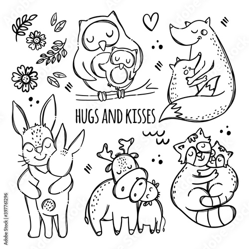 HUGS AND KISSES Cute Animals Hugs And Kisses Their Children Parental Relationship Monochrome Hand Drawn Clip Art Vector Illustration Set For Print