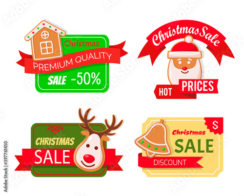 Christmas sale and propositions from markets shops vector. Isolated icons with text, proposal reduced price Santa Claus and reindeer, bell and house
