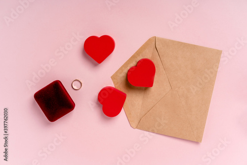 Envelope for Valentine's day, space for text. Romantic concept on a pink background
