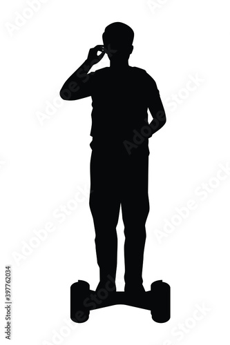 Young man on moving segway silhouette vector, transportation.