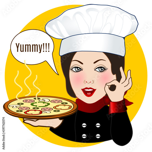 woman cook holds in hand a round pizza with about sweet bell pepper, sausage and olives and the other hand shows italian sign very tasty, belissimo, clip art on white isolated background