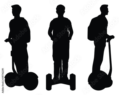 Set of young man on moving segway silhouette vector, transportation. photo