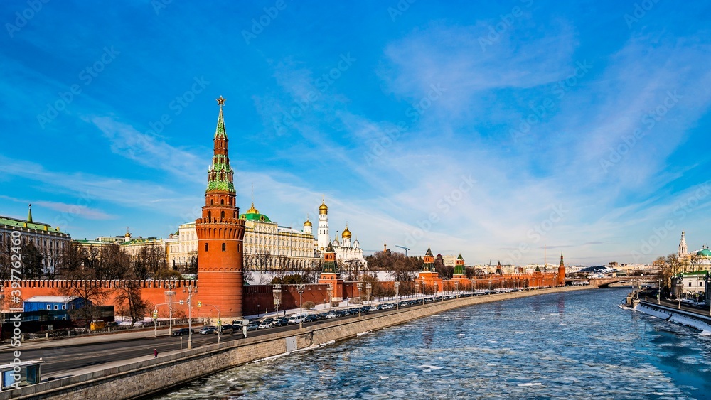 The Moscow Kremlin, the Kremlin Embankment, the Moskva River in the early spring during the ice drift. Russia.
