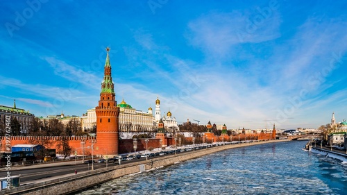 The Moscow Kremlin, the Kremlin Embankment, the Moskva River in the early spring during the ice drift. Russia.