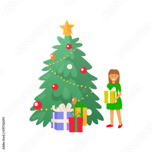 Christmas tree and girl holding present gift vector isolated. Winter holiday decoration, pine decorated by star and baubles, glowing garlands xmas decor