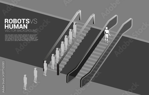 Robot move faster than the group of businessman with escalator. Business concept for machine learning and a.i artificial intelligence.human vs. robot.