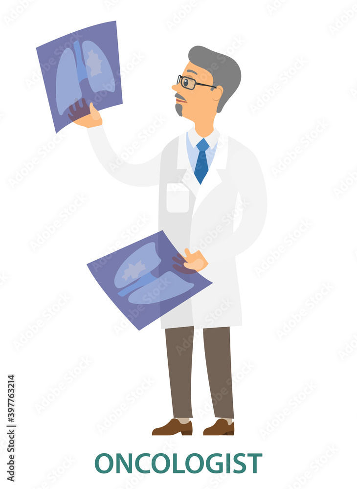 Doctor examining a lung radiography vector illustration. Oncologist holding X-ray picture of patient. Man in white coat is looking at a photo. Male character in glasses isolated on white background