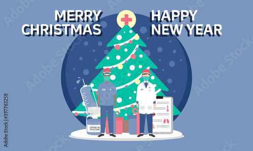 Doctors on the Christmas festival, happy new year. Flat design