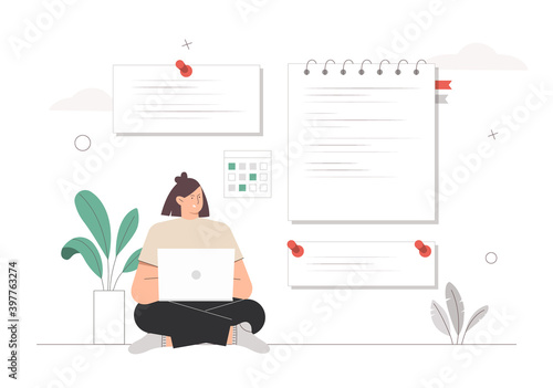 Young woman sitting with a laptop and taking notes. Large abstract notes on the wall, flowers and abstract elements. The concept of successful completion of tasks, daily planning and time management.