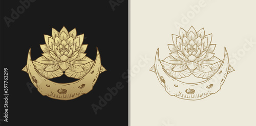 Moon surface with lotus flower luxury gold hand drawn engraving style vector illustration.