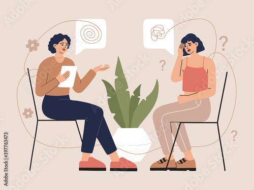 Psychotherapy counseling concept. Woman with depression sitting and have consultation. Mental health problem and disorder. Girl talking with psychologist, flat carton modern trendy vector illustration