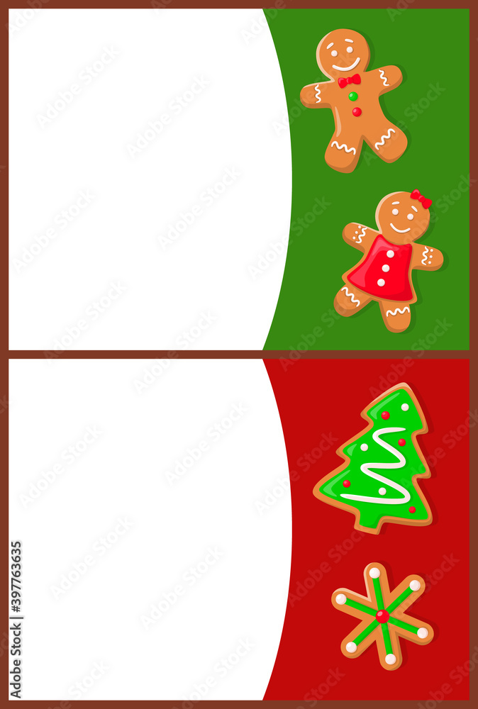 Merry Christmas greeting, gingerbread cookies in shape of men and Xmas tree or snowflake. Winter holiday pastry with glaze, food and Santa treat vector