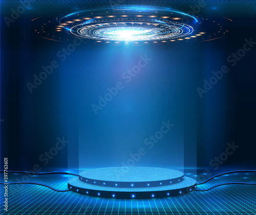 Futuristic empty stage. Modern Future background technology Sci-fi interior concept. Podium for show your product. futuristic cyberpunk concept. Circle presentation podium template for UI, UX, KIT,GUI