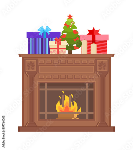 Brown fireplace with decorative ornaments and lattice vector closeup. Vintage heater with burning fire, home mantelpiece topped by Xmas tree and presents