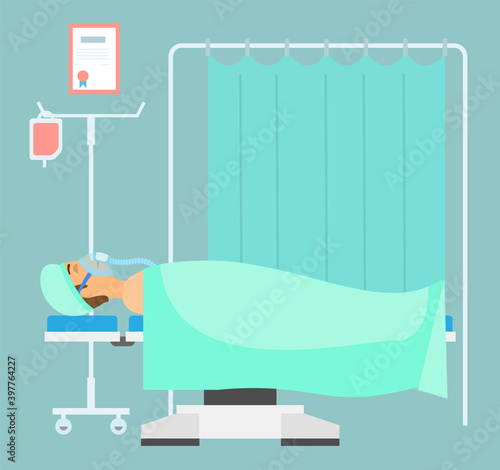 Hospital bed anesthesia vector illustration. The patient lies on the operating table. Man with anesthesia mask on his face. Surgical room interior. haracter against the background of a medical screen