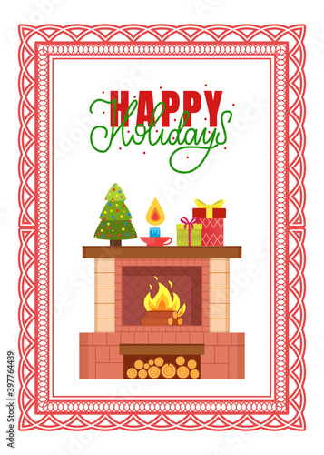 Happy holidays, fireplace with burning fire, decorated spruce tree, burning candle and wrapped presents gifts vector in frame. Piles of bricks underneath