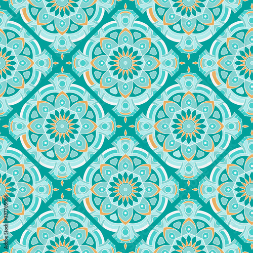 Ethnic tight vector pattern. Green rhombus mandalas