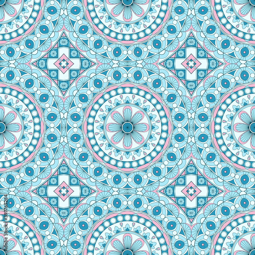 Ethnic tight vector pattern. Blue rhombus and circle mandalas