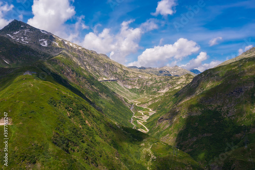 Aerial view of St. Gotthard pass in the Swiss Alps  Switzerland
