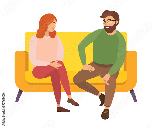 Man and woman are sitting on a large yellow sofa. Couple of people is speaking and sitting on couch. Red-haired girl looking at bearded man. Cartoon characters isolated on the white background