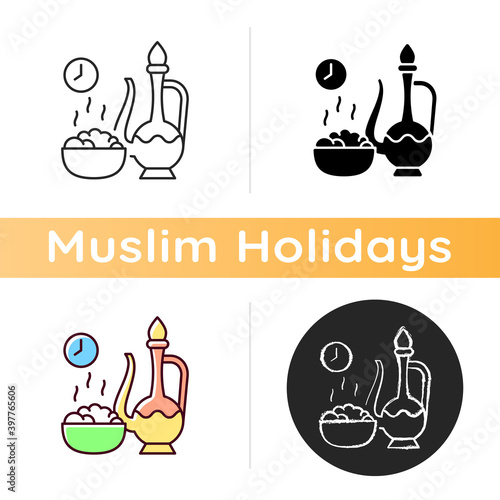 Iftar icon. Evening meal with which muslims end their daily ramadan fast at sunset. Religious observances. Linear black and RGB color styles. Isolated vector illustrations