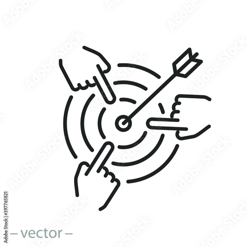 mission target solution icon, accurate focus on object goal, objective dartboard, business strategy marketing, aim hands, thin line symbol on white background