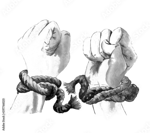 Ink drawn graphic sketch of human hands disrupting rope isolated on white © Natalia Talala