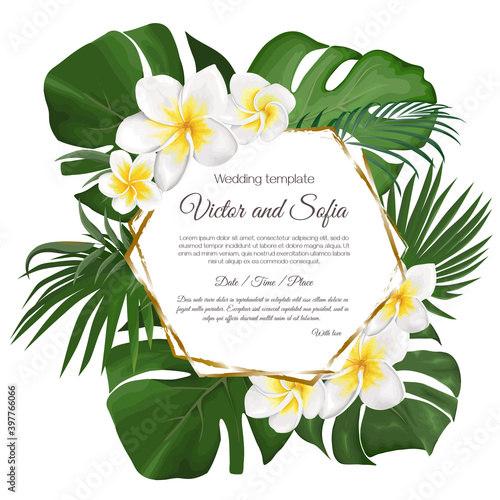Frame for a wedding invitation. White frangipani, monstera leaves, palms, polygonal gold frame. Wedding tropical template.