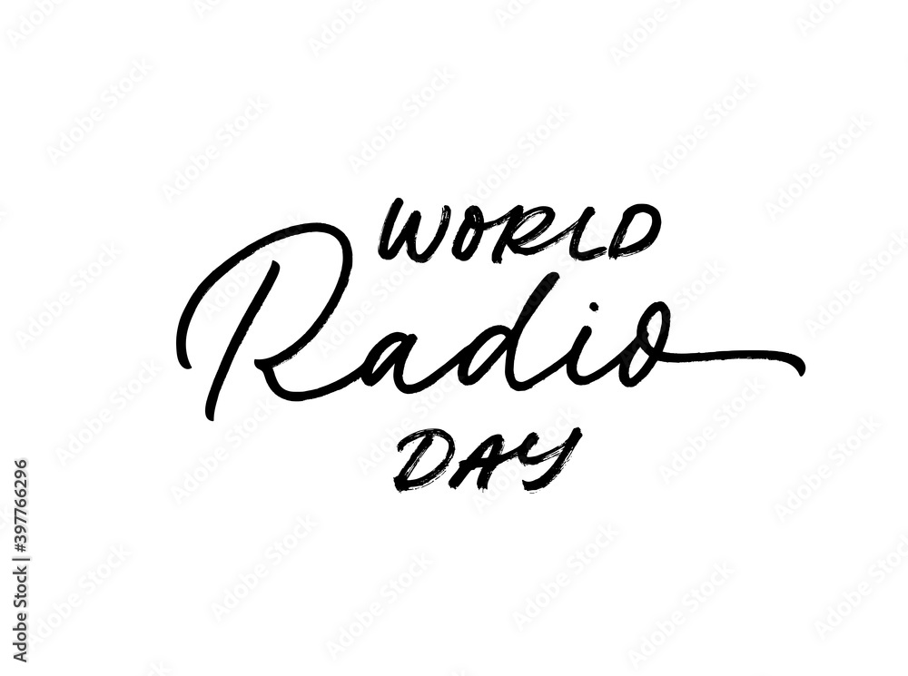 World Radio day vector lettering. Hand drawn modern line calligraphy. Handwriting holiday phrase. Black ink illustration isolated on white background. World Radio Day banner, poster, print