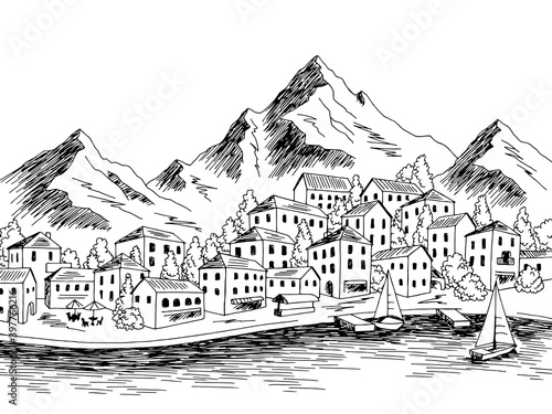Town sea graphic black white bay landscape sketch illustration vector