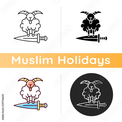 Eid al Adha icon. Islamic holidays celebrated worldwide each year. Honouring willingness of ibrahim to sacrifice son ismael. Linear black and RGB color styles. Isolated vector illustrations