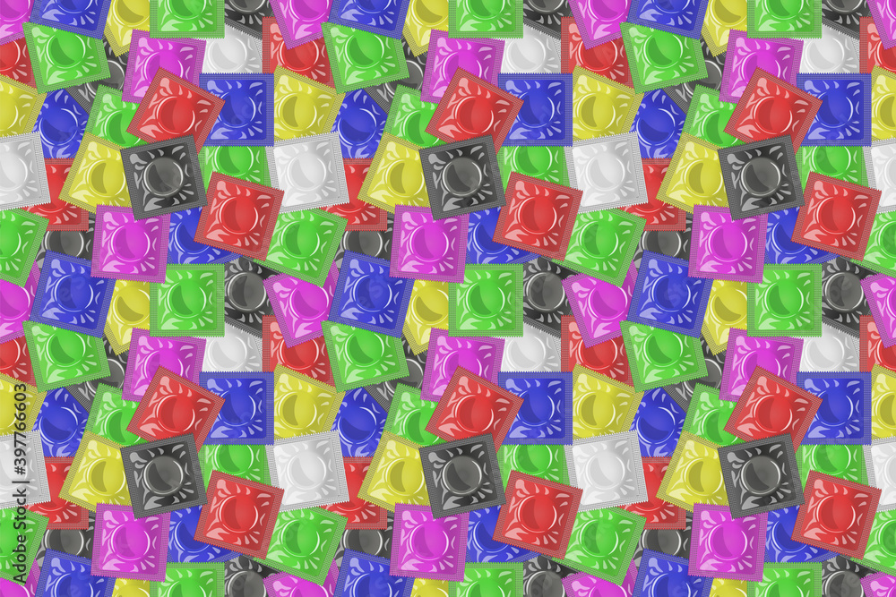 Multi-colored condoms that lie on top of each other. Seamless texture ornament, background