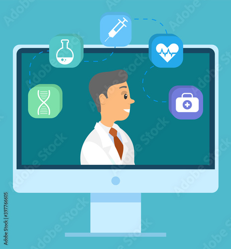 Smiling man doctor on the computer creen. Medical internet consultation. Healthcare consulting web service. Hospital support online. Computer doctor. Man surrounded by icons with medical symbols