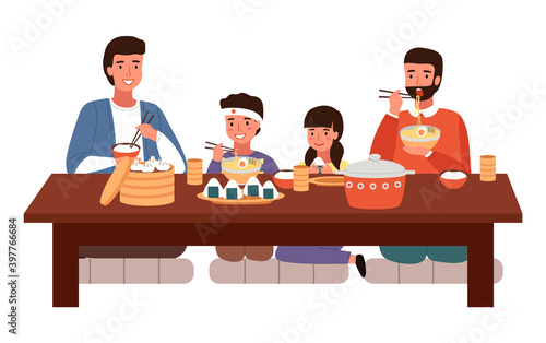 Dining room in oriental style vector illustration. Dining table with sushi and manti. Arrangement of furniture. Family eating Japanese food. People in national oriental costumes have dinner together