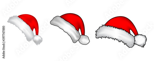 Santa claus red hat collection. Realistic santa cap set isolated on white background. Cartoon drawing for holiday banner or backdrop. Illustration of winter vector symbols. Christmas icons.