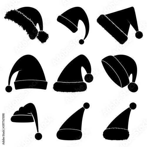 Christmas hat silhouette set. Black shape collection of santa claus hat. Santa cap icon group isolated on white background. Vector drawing for december holiday design. Winter simple symbols.