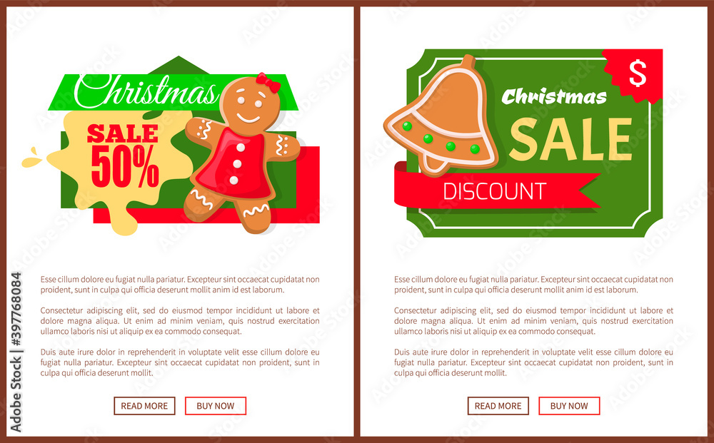 Fototapeta premium Christmas sale gingerbread woman and jingle bell cookie on labels, vector web pages templates with text samples. Christmas sites design with price tags