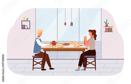 People on a date flat vector illustration. Dining table with borsch, pancakes and buns. Arrangement of furniture. Couple is eating russian food. Characters in relationship are communicating at home
