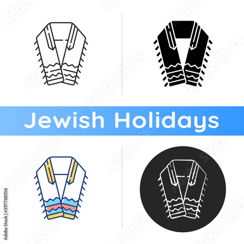 Tallit and tzitzit icon. Jewish prayer shawl. Fringes in garments corner. Holy symbolism. Four-cornered shawl. Religious ceremonies. Linear black and RGB color styles. Isolated vector illustrations