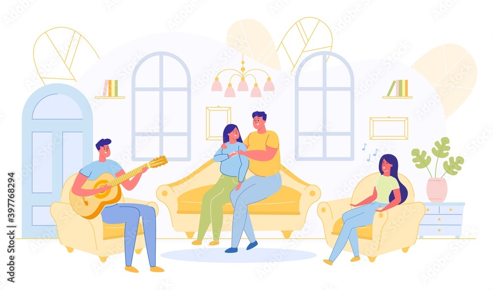 Young Friends Sitting on Sofa and Playing Guitar. Young Friends Sitting on Sofa and Playing Guitar.