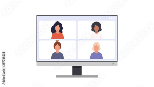 Application window for video communication. Modern glossy white screen monitor. For advertising design. Isolated over white background. Vector