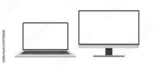 Laptop and monitor with white screen. For advertising design. Isolated. Vector.