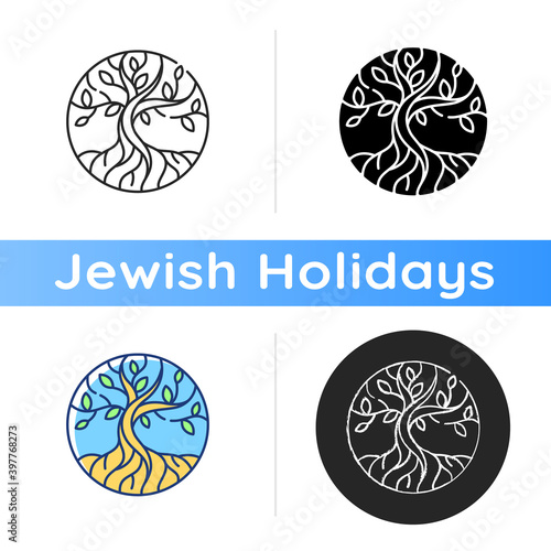 Life tree icon. Metaphor for Torah. Earth and heaven connection. Hebrew creation myth. Eden Garden. Sacred tree. Immortality. Linear black and RGB color styles. Isolated vector illustrations