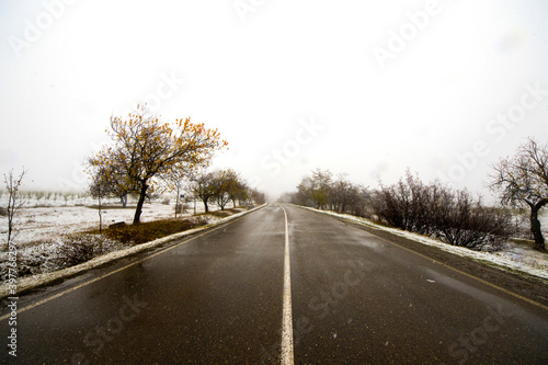 Highway during snowfall, frozen asphalt and snowy trees, winter landscape