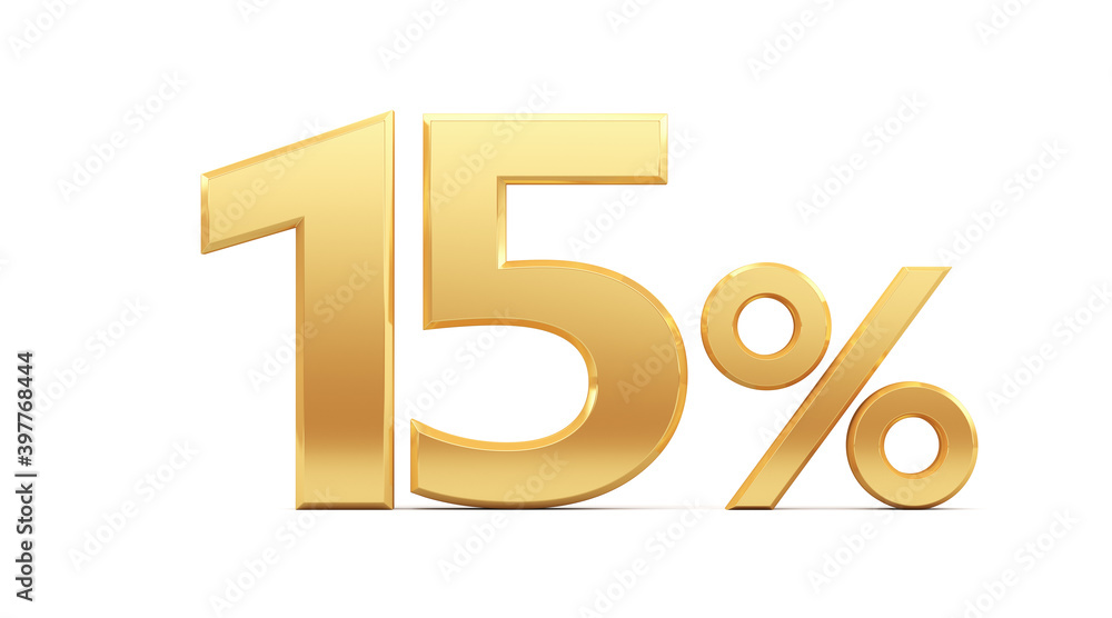 15% off on sale. Gold percent isolated on white background. 3d rendering. Illustration for advertising.