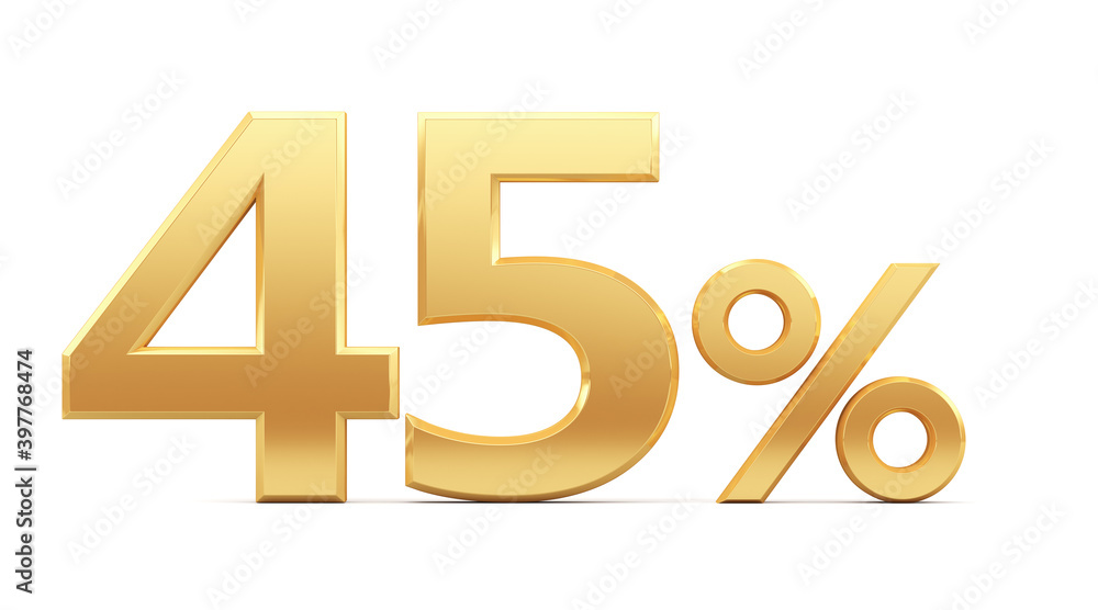 45% off on sale. Gold percent isolated on white background. 3d rendering. Illustration for advertising. 45% off on sale. Gold percent isolated on white background. 3d rendering. Illustration for advertising.
