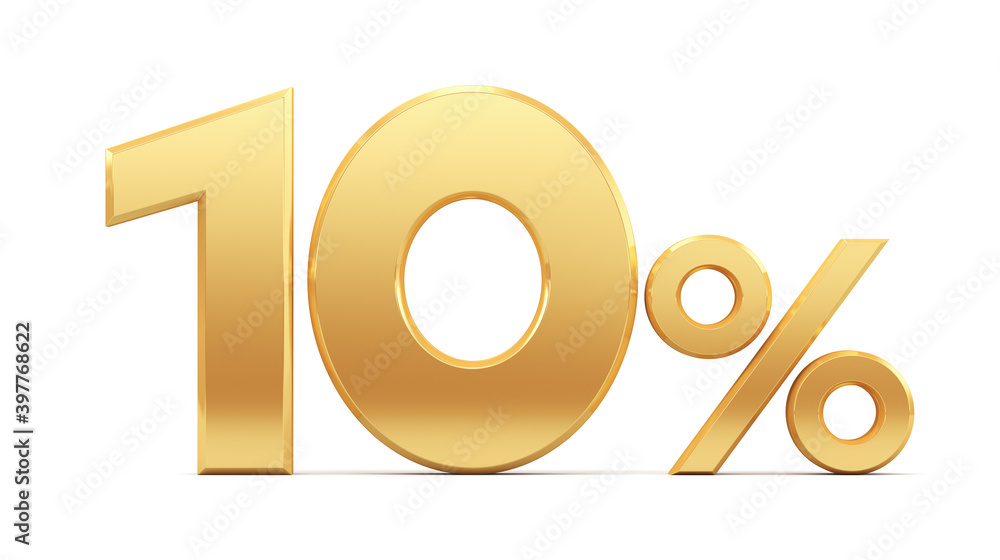 Gold percent isolated on white background. 3d rendering. Illustration for advertising. 10% off on sale. Gold percent isolated on white background. 3d rendering. Illustration for advertising. 10% off on sale.