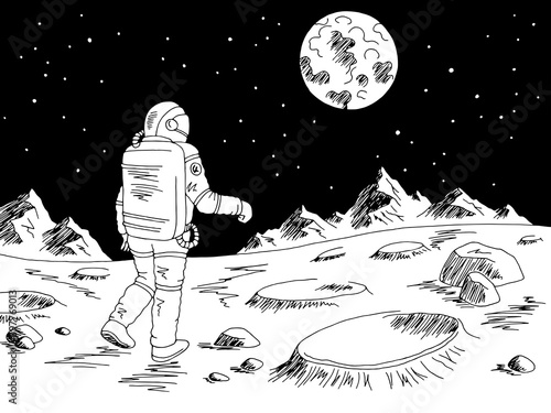 Spaceman astronaut walking alien planet graphic black white space landscape sketch illustration vector